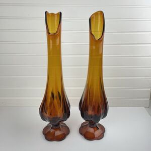 VTG MCM LE Smith Rootbeer Brown Swung Glass Vase 6 Petal Pedestal 17" Pair of 2